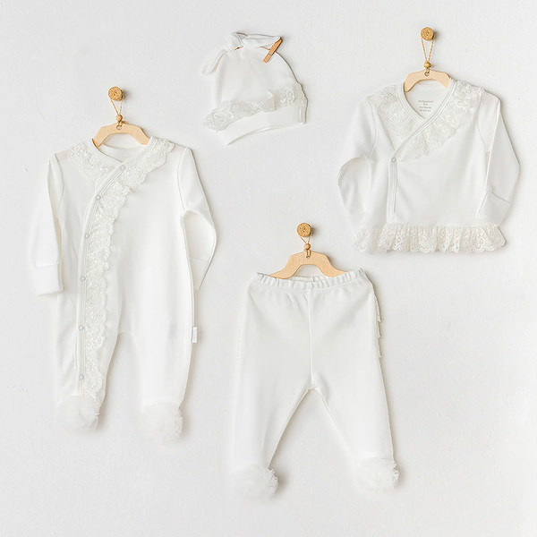 Andywawa AC25312 Newborn Chic Girl Tüllü 4'Lü Hastane Çıkışı Ekru