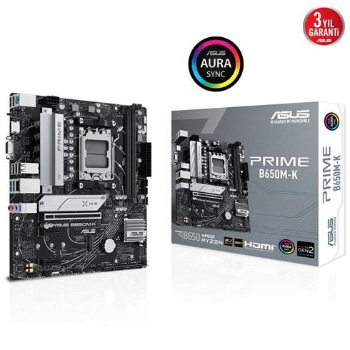 Asus Prıme B650M-K Ddr5 6400Mhz 1Xvga 1Xhdmı 2XM.2 Usb 3.2 Matx AM5 (Amd AM5 9000/8000/7000 Serileri İle Uyumlu)