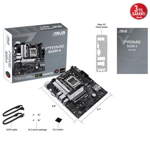 Asus Prıme B650M-K Ddr5 6400Mhz 1Xvga 1Xhdmı 2XM.2 Usb 3.2 Matx AM5 (Amd AM5 9000/8000/7000 Serileri İle Uyumlu)