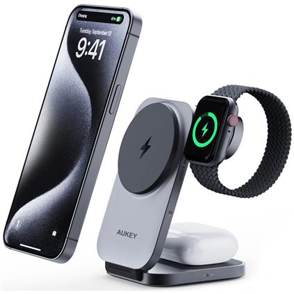 Aukey LC-MC312-GY Magfusıon Z QI2 15W Katlanabilir 3 Ü 1 Arada Mıknatıslı Kablosuz Şarj Cihazı
