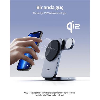 Aukey LC-MC312-GY Magfusıon Z QI2 15W Katlanabilir 3 Ü 1 Arada Mıknatıslı Kablosuz Şarj Cihazı