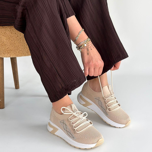 Belan Bej Triko Bağcıklı Spor Ayakkabı