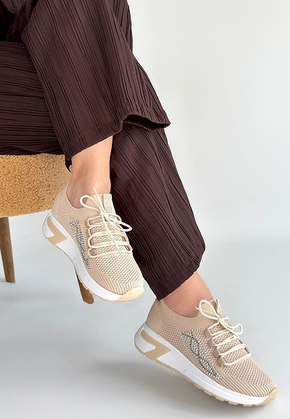 Belan Bej Triko Bağcıklı Spor Ayakkabı