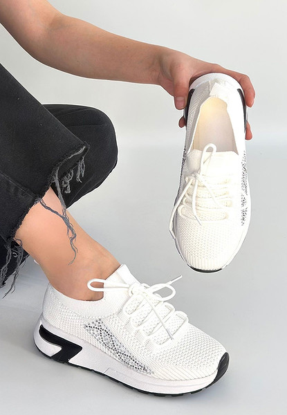Belan Beyaz Triko Bağcıklı Spor Ayakkabı