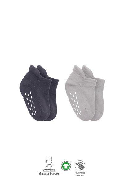 Bistyle 2'Li Altı Havlu Sneakers Kaymaz Çorap 20501 Gri-Antrasit