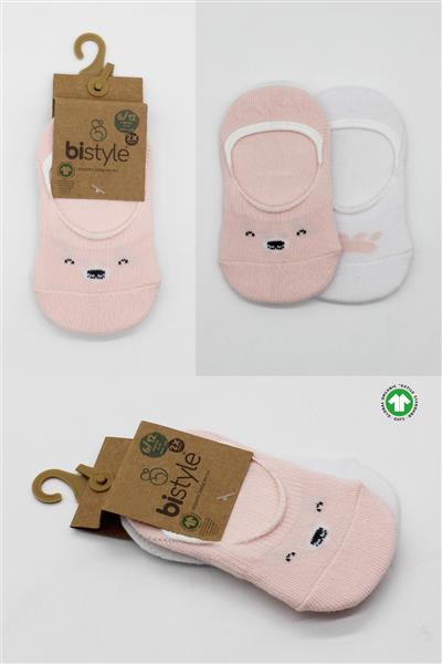 Bistyle 2'Li Babet Cute Face Penye Çorap 30103 Pembe-Beyaz