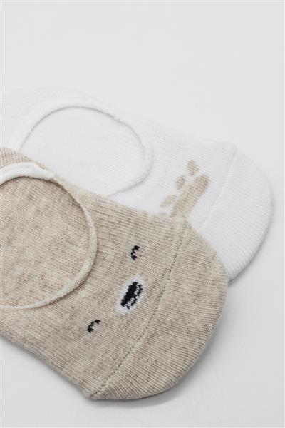 Bistyle 2'Li Babet Cute Face Penye Çorap 30103 Bej Beyaz