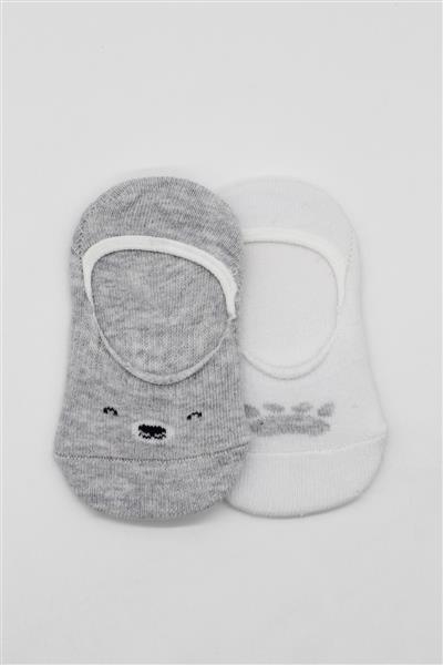 Bistyle 2'Li Babet Cute Face Penye Çorap 30103 Gri Beyaz