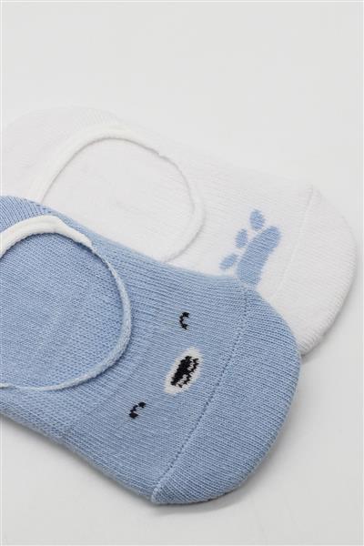 Bistyle 2'Li Babet Cute Face Penye Çorap 30103 Mavi-Beyaz