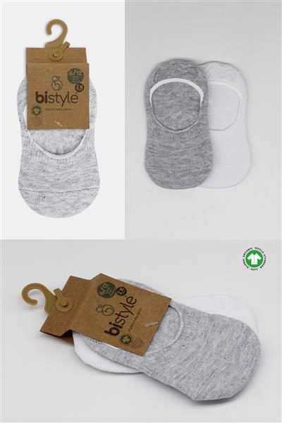 Bistyle 2'Li Penye Babet Silikonlu Basic Çorap 30104 Gri Beyaz