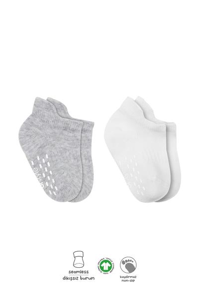 Bistyle 2'Li Sneakers Kaymaz Basic Penye Çorap 20103 Gri Beyaz