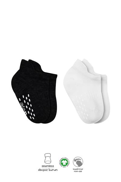 Bistyle 2'Li Sneakers Kaymaz Basic Penye Çorap 20103 Siyah Ekru