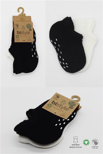 Bistyle 2'Li Sneakers Kaymaz Basic Penye Çorap 20103 Siyah Ekru