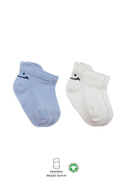 Bistyle 2'Li Sneakers Smile Penye Çorap 20106 Mavi Ekru