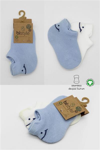 Bistyle 2'Li Sneakers Smile Penye Çorap 20106 Mavi Ekru