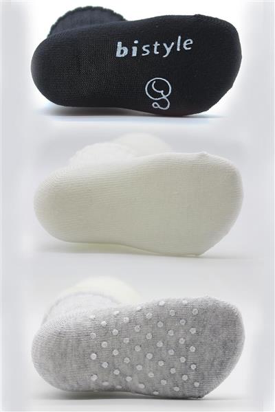 Bistyle 3Lü Basic Kaymaz Penye Soket Çorap 10107 Siyah Ekru Gri