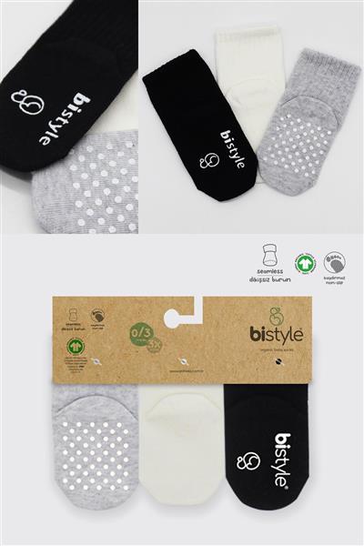 Bistyle 3Lü Basic Kaymaz Penye Soket Çorap 10107 Siyah Ekru Gri