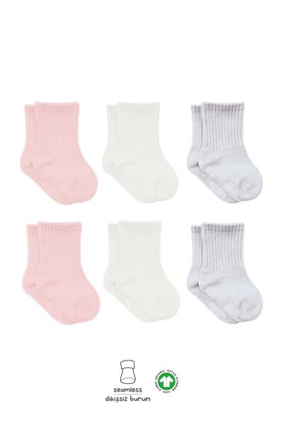 Bistyle 6'Lı Basic Penye Soket Çorap 10101 Pembe Ekru Gri