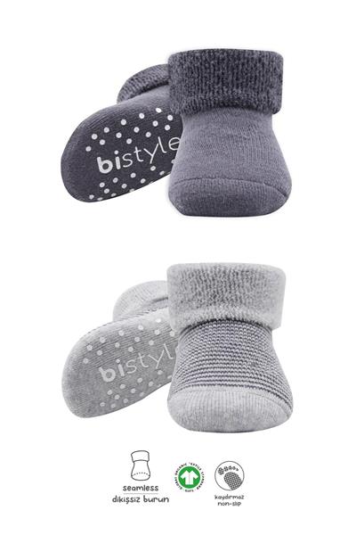 Bistyle 2'Li Çemberli Kaymaz Havlu Soket Çorap 10503 Gri-Antrasit