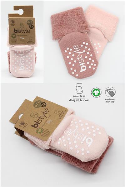 Bistyle 2'Li Çemberli Kaymaz Havlu Soket Çorap 10503 Pudra Pembe