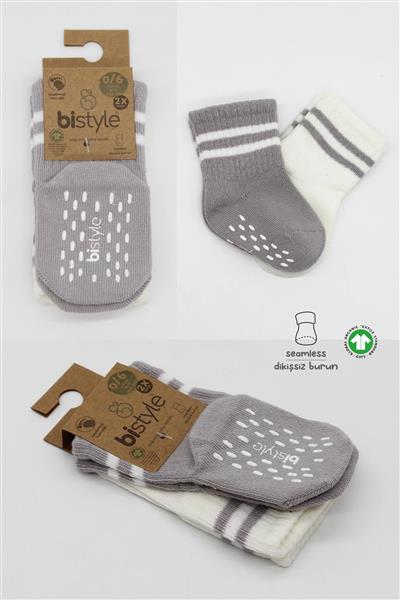 Bistyle 2Li Çemberli Kaymaz Soket Çorap 10125 Gri Ekru