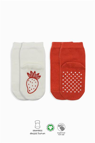 Bistyle 2'Li Meyve Figürlü Kaymaz Soket Çorap 10105 Kırmızı Ekru