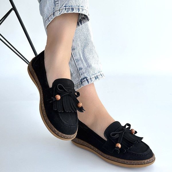 Boriy Siyah Deri Tozu Süet Babet Ayakkabı