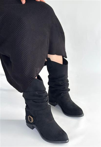 Canty Siyah Süet Körüklü Topuklu Çizme