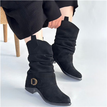 Canty Siyah Süet Körüklü Topuklu Çizme