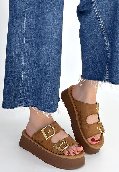 Coer Taba Süet Çift Tokalı Terlik