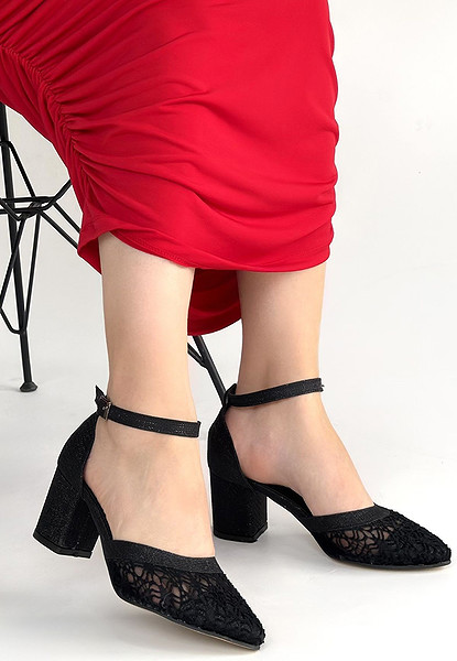 Dmop Siyah Cilt Simli Tül Detaylı Topuklu Ayakkabı