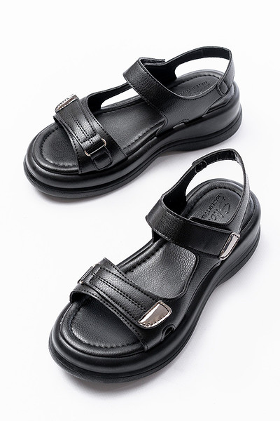 Ginya Siyah Cilt Cırt Cırtlı Sandalet