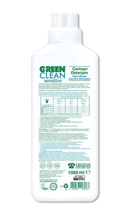 Green Clean Sensitive Parfümsüz Bitkisel Çamaşır Deterjanı 1000 Ml