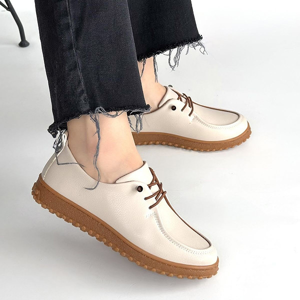 Guot Bej Cilt Bağcıklı Babet Ayakkabı