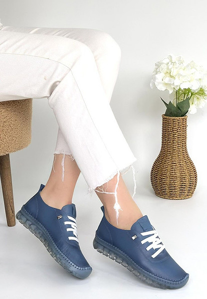 Jiten Mavi Deri Bağcıklı Spor Ayakkabı