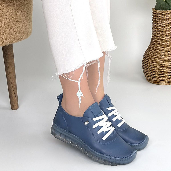 Jiten Mavi Deri Bağcıklı Spor Ayakkabı