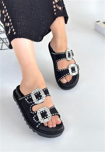 Juana Siyah Nubuk  Taşlı Terlik