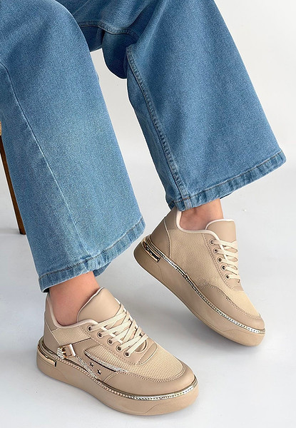 Junda Bej Cilt Bağcıklı Spor Ayakkabı