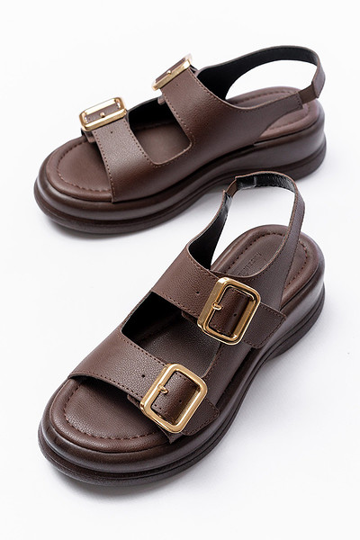 Kaji Kahverengi Cilt Çift Tokalı Sandalet