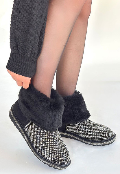 Linka Siyah Süet Gümüş Boncuk İşlemeli Bot