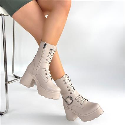 Linma Bej Cilt Bağcıklı Topuklu Bot