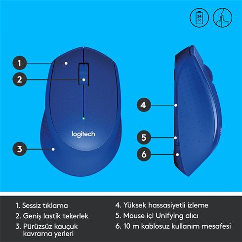 Logıtech M330 Sessız Kablosuz Usb Optik Mouse Mavi 910-004910