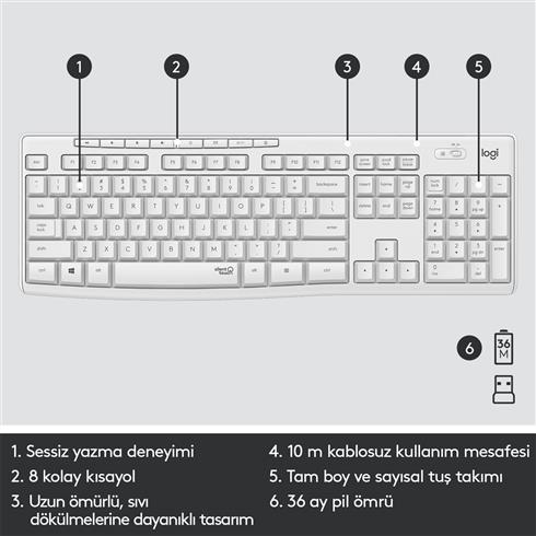 Logıtech MK295 Q TR Sessiz Kablosuz Klavye Mouse Set Beyaz 920-010089