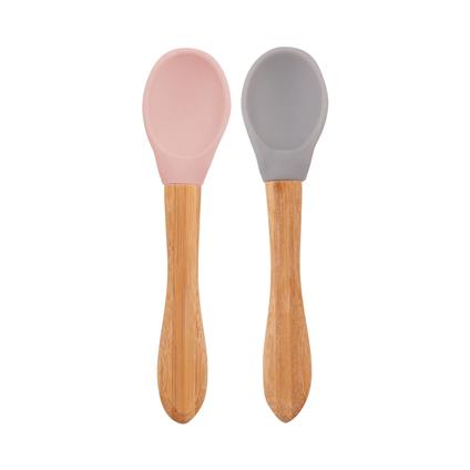 Oioi Bambu Saplı Silikon Mama Kaşığı 2Li Pinky Pink / Powder Grey