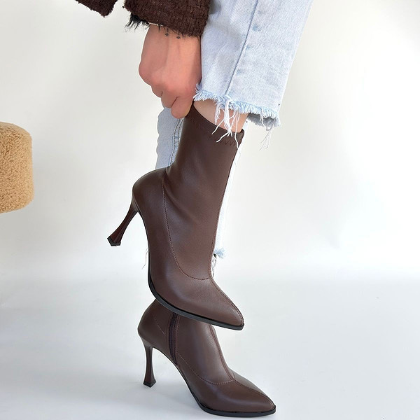 Orjen Kahverengi Cilt Streç Topuklu Bot