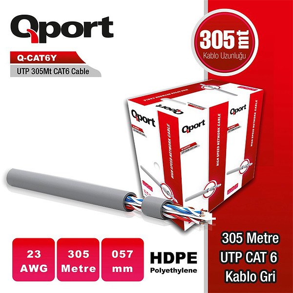 Qport Q-Cat6y 305M Utp 0,57MM Cat6 23 Awg Grı Kablo