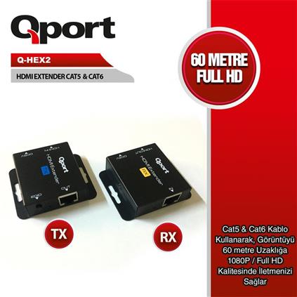 Qport Q-Hex2 Hdmı Extender Cat6 60M 2 Lİ Paket (Adaptör Dahil)