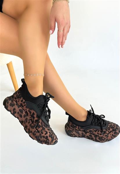 Rimay Kahverengi Leopar Boncuk İşlemeli Spor Ayakkabı