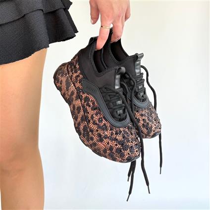 Rimay Kahverengi Leopar Boncuk İşlemeli Spor Ayakkabı