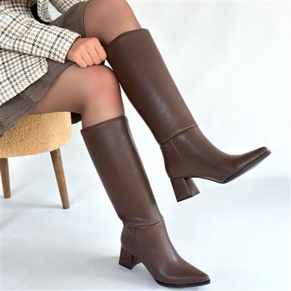 Roksa Acı Kahvei Cilt Topuklu Çizme